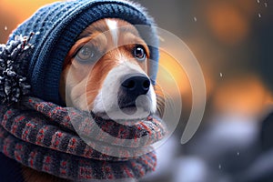 Dog in a Winter Hat. Seasonality, Cooling, Weather Change. Generative AI photo