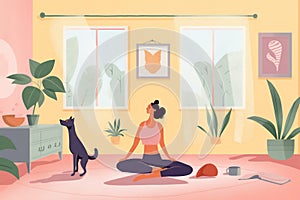 woman dog training home fitness cartoon sport healthy body yoga lifestyle. Generative AI.