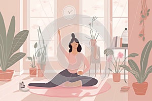 dog woman training fitness lifestyle yoga body sport meditation home cartoon. Generative AI.