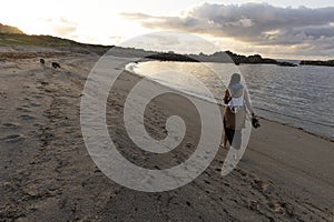 dog and woman walking on the beach sand