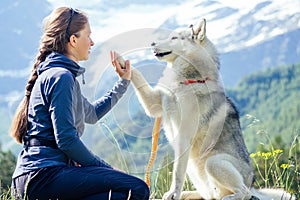 Dog with a woman walking mountains outdoors