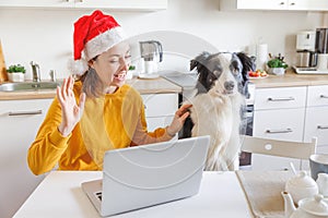 Dog and woman wearing Santa hat waving hand video calling family by webcam. Girl with laptop having virtual meeting chat on