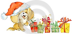 Dog year greeting card. cute cartoon puppy watercolor illustration.