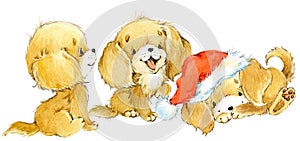 Dog year greeting card. cute cartoon puppy watercolor illustration.