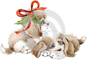 Dog year greeting card. cute puppy watercolor illustration.