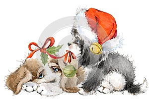 Dog year greeting card. cute puppy watercolor illustration.