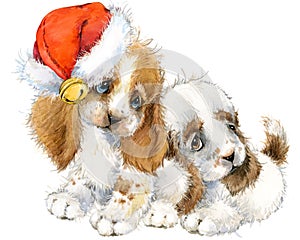 Dog year greeting card. cute puppy watercolor illustration.