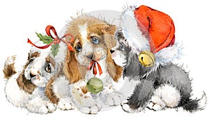 Dog year greeting card. cute puppy watercolor illustration.