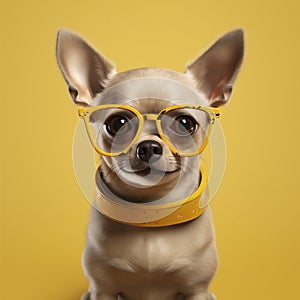 dog pet animal portrait yellow chihuahua puppy glasses cute isolated background. Generative AI. photo