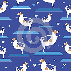Dog yoga seamless background as wallpaper, texture for printing on fabric, textile, flat vector stock illustration with jack