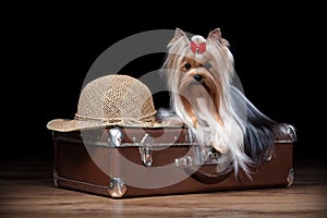 Dog.Yorkie puppy on table with wooden texture