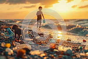 A dog and a young boy walking on a polluted beach