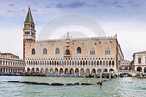 Doge`s Palace, Campanile and Bridge of Sighs in Venice in Veneto, Italy