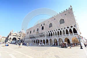 Doge`s Palace and cathedral church St Mark`s Basilica at Saint Mark`s Square Piazza San Marco in Venice, Italy