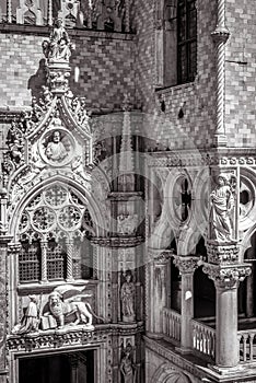 Doge`s Palace or Palazzo Ducale exterior in black and white, Venice, Italy. It is a famous landmark of Venice