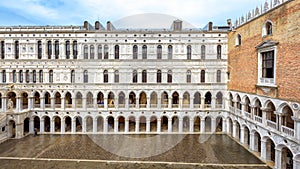 Doge`s Palace or Palazzo Ducale, Venice, Italy. It is a famous landmark of Venice. Panoramic view of courtyard of old Doge`s house