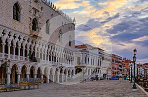 Doge`s Palace at St. Mark`s Square in Venice Italy at sunrise