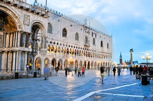 Doges palace on St. Mark`s square Piazza San Marco at sunset, Venice, Italy