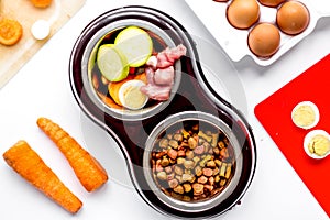 Dogfood set with vegetables, eggs and meat on table background top view photo