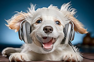 Doggie with headphones listening to music. Happy pet concept. Generative AI