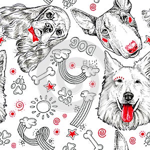 Doggy heads collection on white. Pattern, print. Realistic detailed pencil drawing.