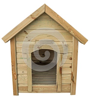 Doghouse with gable roof of yellow laid horizontally wooden planks inserted into each other and fastened with screws, isolated