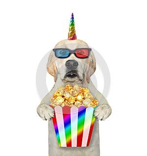 Dogicorn in 3d glasses eats popcorn 2