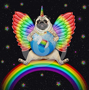 Dogicorn pug with color wings on rainbow