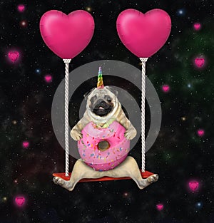 Dogicorn pug swinging on pink balloons