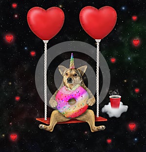 Dogicorn swinging on red balloons