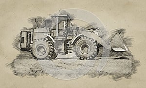 Dogital sketch of backhoe loader or bulldozer - excavator work on construction site or sand pit