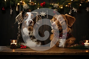 Dogs arranged under mistletoe, capturing the adorable moments of holiday affection between pets