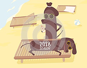 Dogs on beach having summer fun. 2018 season letterning. Vector illustration