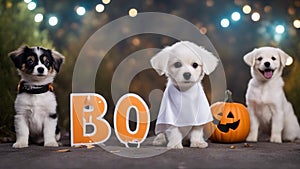 dogs with a boo sign A comical Halloween puppy dressed as a ghost with holes cut out for eyes, sitting next to a sign