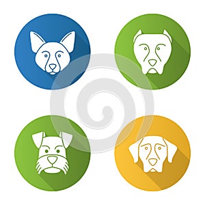 Dogs breeds flat design long shadow glyph icons set