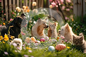 Dogs and Cat with Easter Eggs in Spring Garden