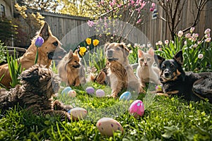 Dogs and Cat with Easter Eggs in Spring Garden