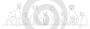 Dogs and cats drawing in one continuous line, sketch, isolated