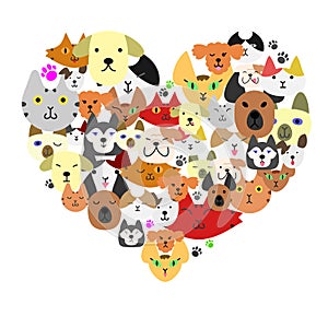 Dogs and cats face in heart-shape