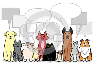 Dogs and cats group with speech bubbles