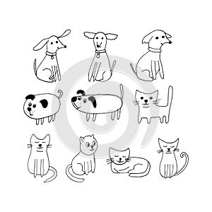 dogs and cats icon set. hand drawn doodle. , scandinavian, nordic, minimalism, monochrome. pet, animal, cute, funny.
