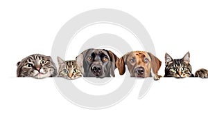 Dogs and cats peeking over web banner isolated white background. Al generated