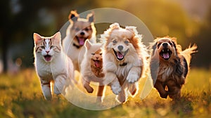 The dogs and cats romp through the grass, their playful antics accompanied, AI generated photo