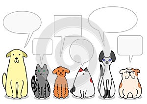Dogs and cats in a row with speech bubbles