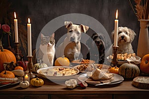 Dogs and Cats Sitting Around a Holiday Meal Table Generative AI