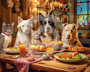 Dogs and Cats Sitting Around a Holiday Meal Table in a Rustic Cabin Generative AI