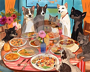 Dogs and Cats Sitting Around a Holiday Meal Table in a Rustic Cabin Generative AI