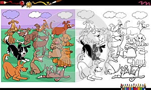 Dogs characters large group coloring book page