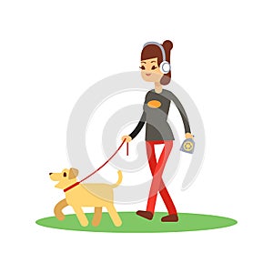 Dogs clean walking concept - girl walks dog isolated on white
