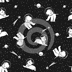Space dogs seamless pattern in astronaut`s helmets